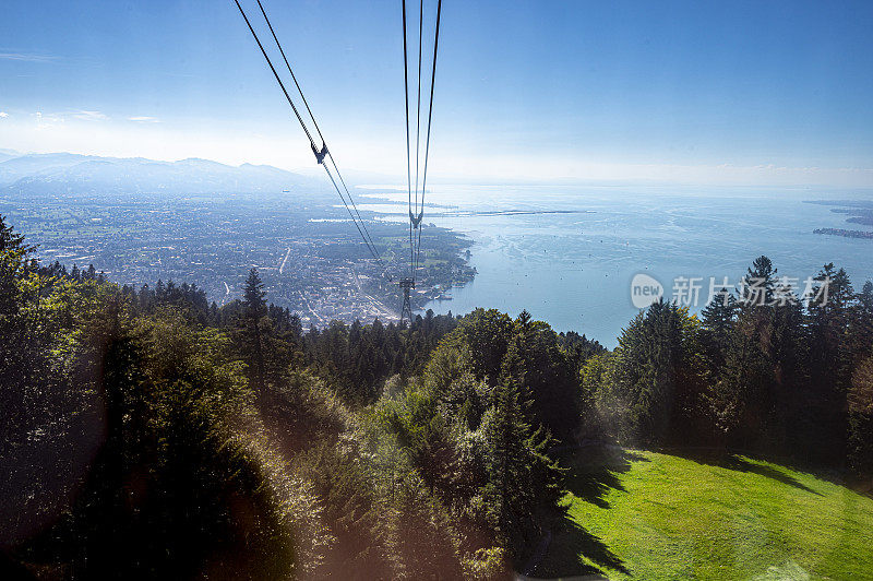 View on Bregenz from the Pfänder cable car Pfänderbahn in the Vorarlberg Alps in Austria during summer